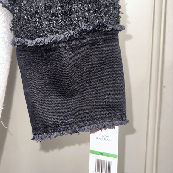 NWT Nanette Lepore Black Sequined Boucle’ Frayed Denim Trim Jacket Tweed Blazer - Picture 4 of 12
